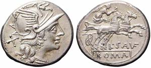Roma, L. Saufeius, Denario, 152 a.C., Ag ... 