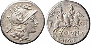 Roma, C. Iunius C.f., Denario, 149 a.C., Ag ... 