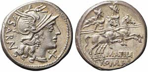 Roma, M. Atilius Saranus, Denario, 148 a.C., ... 