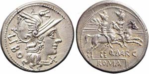 Roma, Q. Marcius Libo, Denario, 148 a.C., Ag ... 