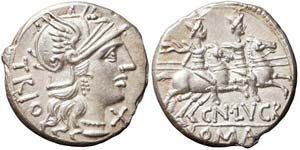 Roma, Cn. Lucretius Trio, Denario, 136 a.C., ... 