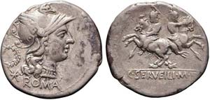 Roma, C. Servilius M.f., Denario, 136 a.C., ... 