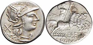 Roma, L. Trebanius, Denario, 135 a.C., Ag ... 