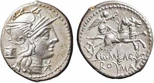 Roma, M. Marcius Mn.f., Denario, 134 a.C., ... 