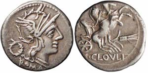 Roma, T. Cloulius, Denario, 128 a.C., Ag ... 