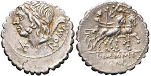 Roma, L. Memmius Gal, Denario, 106 a.C., Ag ... 