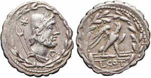 Roma, L. Aurelius Cotta, Denario, 105 a.C., ... 