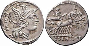 Roma, L. Sentius C.f., Denario, 101 a.C., Ag ... 