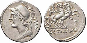 Roma, P. Servilius M.f. Rullus, Denario, 100 ... 