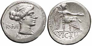 Roma, M. Porcius Cato, Denario, 89 a.C., Ag ... 