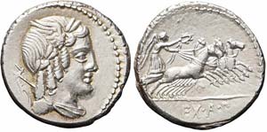 Roma, L. Iulius Bursio, Denario, 85 a.C., Ag ... 