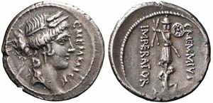 Roma, C. Memmius C.f., Denario, 56 a.C., Ag ... 
