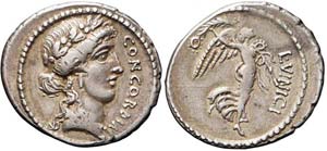 Roma, L. Vinicius, Denario, 52 a.C., Ag ... 