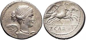 Roma, T. Carisius, Denario, 46 a.C., Ag ... 