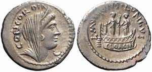 Roma, L. Mussidius T.f. Longus, Denario, 42 ... 