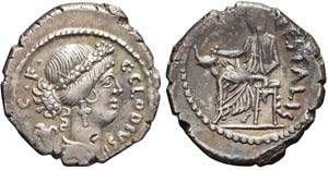 Roma, C. Clodius C.f. Vestalis, Denario, 41 ... 