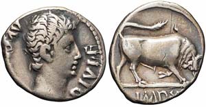 Lione, Augusto, Denario, 15-13 a.C., Ag ... 