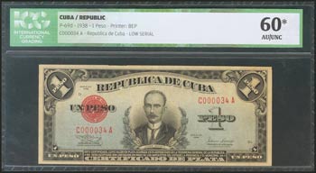 CUBA. 1 Peso. 1938. Low serial. ... 