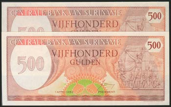 SURINAME. Set of 2 banknotes of ... 