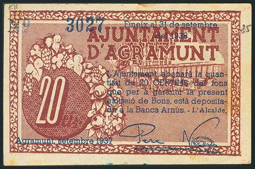 AGRAMUNT (LERIDA). 20 Céntimos. ... 