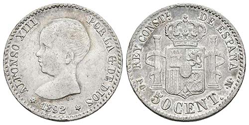 ALFONSO XIII. 50 Céntimos. 1892 ... 