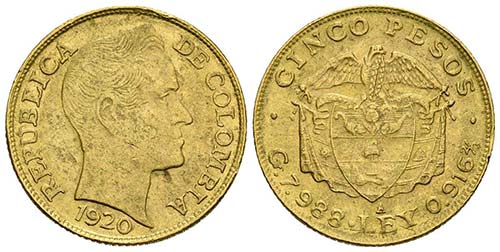 COLOMBIA. 5 Pesos. 1920. Medellín ... 