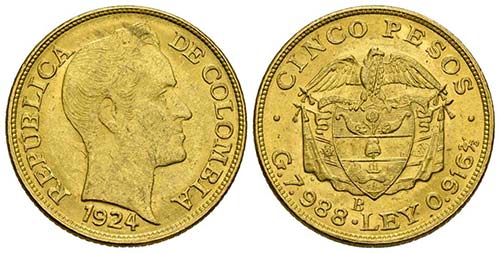 COLOMBIA. 5 Pesos. 1924. Bogotá ... 