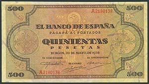 500 Pesetas. 20 de Mayo de 1938. Banco de ... 