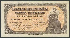 5 Pesetas. 18 de Julio de 1937. Banco de ... 