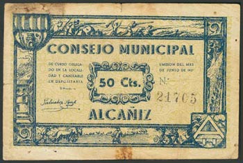 ALCAÑIZ (TERUEL). 50 Céntimos. Junio 1937. ... 