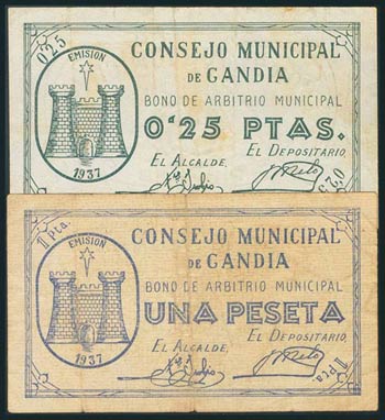 GANDIA (VALENCIA). 25 Céntimos y 1 Peseta. ... 