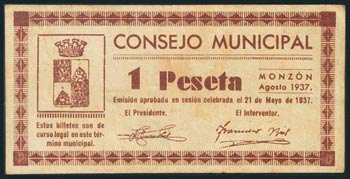 MONZON (HUESCA). 1 Peseta. Agosto 1937. ... 
