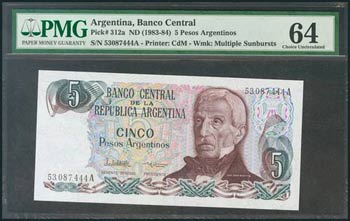 ARGENTINA. 5 Pesos. 1983. Serie A. (Pick: ... 