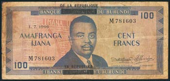 BURUNDI. 100 Francs. 1 de Julio de 1966. ... 