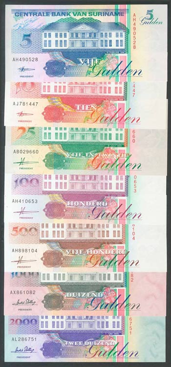 Conjunto de 7 billetes de Suriname de 5 ... 