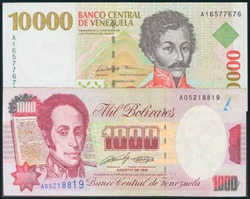 Conjunto de 2 billetes venezolanos emitidos ... 