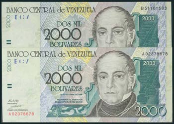 Conjunto de 2 billetes de Venezuela de 2000 ... 