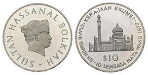 BRUNEI. 10 Dollars. (Ar. 28,54g/38mm). 1977. ... 