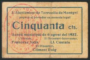 TORROELLA DE MONTGRI (GERONA). 50 Céntimos. ... 