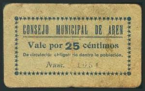 AREN (HUESCA). 25 Céntimos. (1938ca). ... 