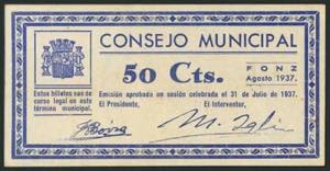 FONZ (HUESCA). 50 Céntimos. Agosto de 1937. ... 
