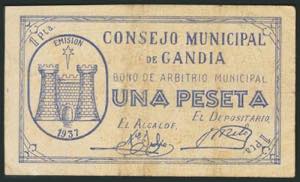 GANDIA (VALENCIA). 1 Peseta. 1937. Serie A. ... 