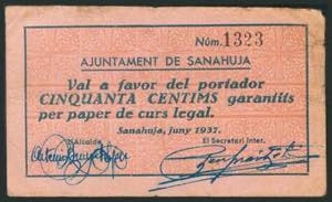 SANAHUJA (LERIDA). 50 Céntimos. Junio 1937. ... 