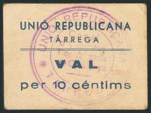 TARREGA (LERIDA). 10 Céntimos. (1938ca). ... 