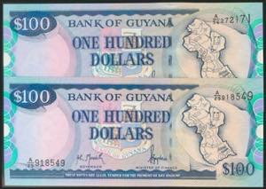 BRITISH GUIANA. Set of two banknotes of 100 ... 