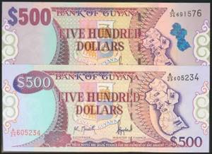 BRITISH GUIANA. Set of two banknotes of 500 ... 