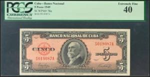 CUBA. 5 Pesos. 1949. (Pick: 78a). PCGS40.