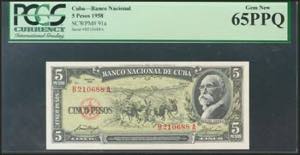 CUBA. 5 Pesos. 1958. (Pick: 91a). PCGS65PPQ.