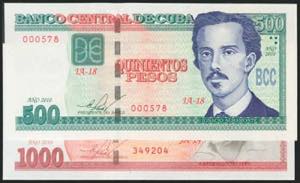 CUBA. Set of 2 banknotes of 500 and 1000 ... 