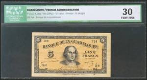 GUADELOUPE. 5 Francs. 1942. (Pick: 21a). ... 